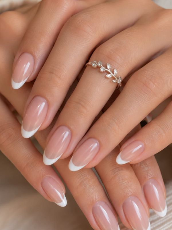 Almond Short Acrylics with Soft Milky French Tips