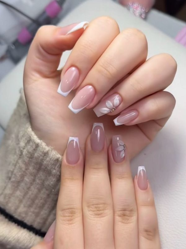 Baby Pink French Tips on Short Coffin Acrylics