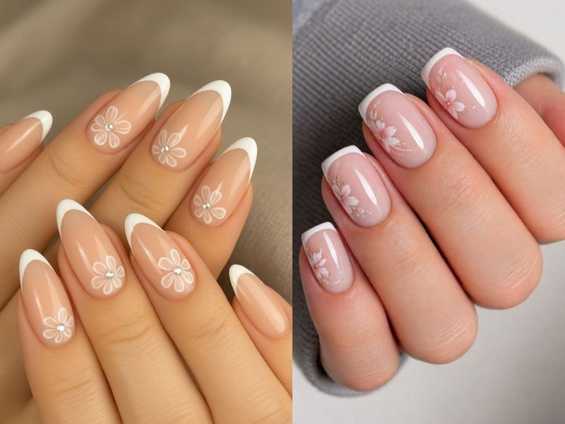 Nude French With Floral Accents