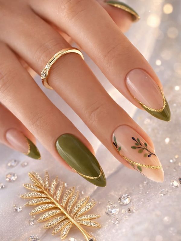 Olive Green with Gold Geometric Pattern