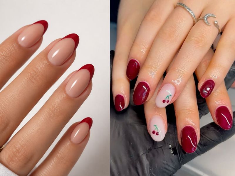 Red Cherry French Almond Nails