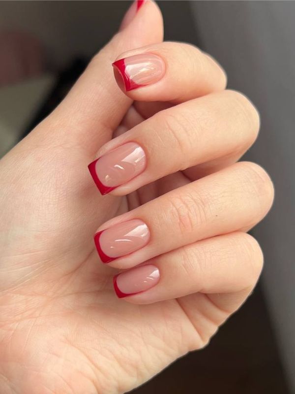 Short Acrylic Nails with Red French Tips