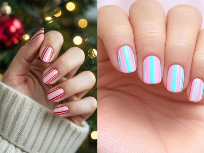 Short Round Nails with Candy Stripes