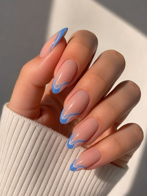 Abstract Blue Almond French Tip Nails