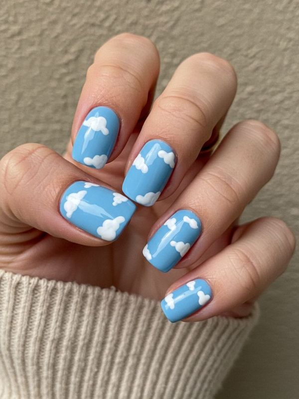 Baby Blue Square Nails with Cloud Art