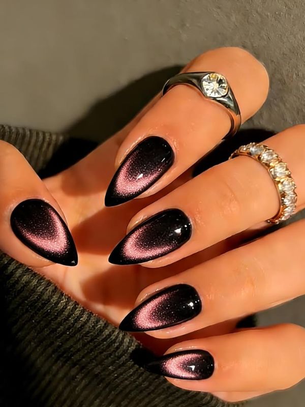Black Cat Eye Nails with Chrome Effect