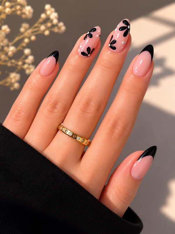 Black French Tips with Elegant Contrast