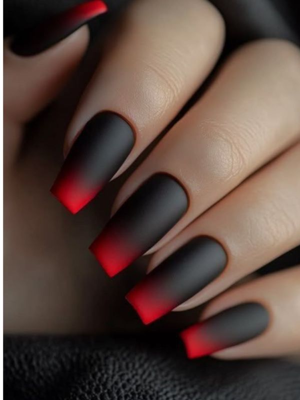 Black Matte Nails With Red Cuticle Arcs