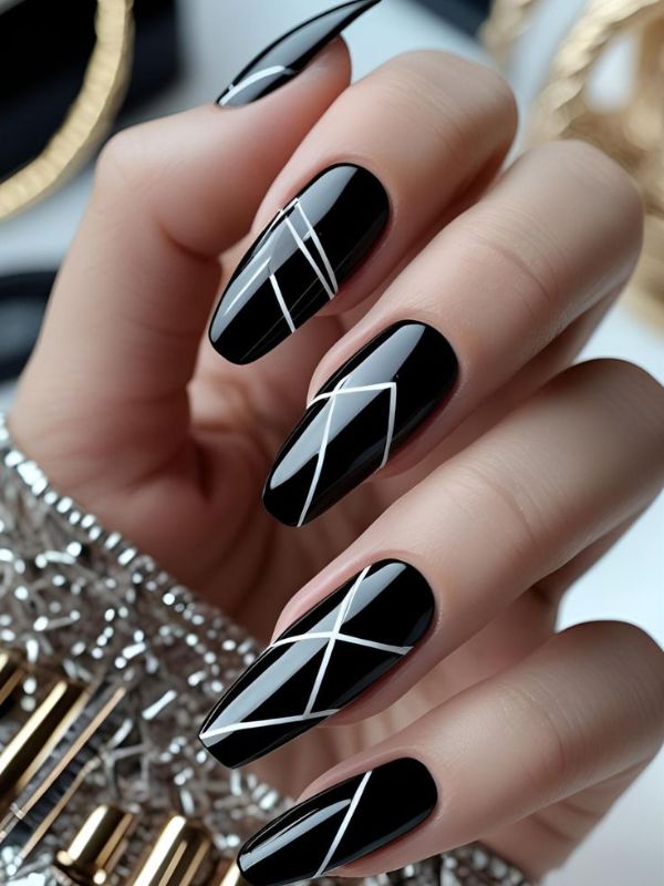 Black Nails with Fine White Line Art
