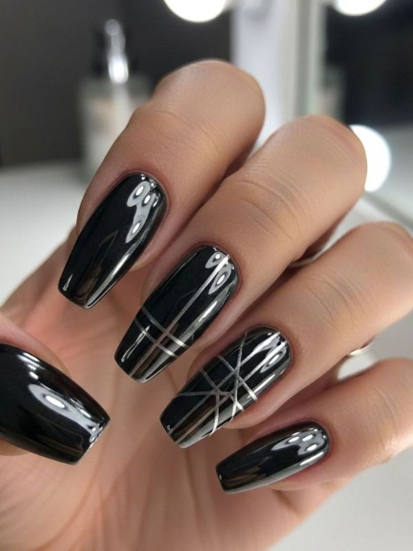 Black Nails with Metallic Silver Lines