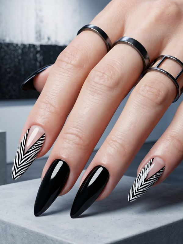 Black Nails with Negative Space Designs