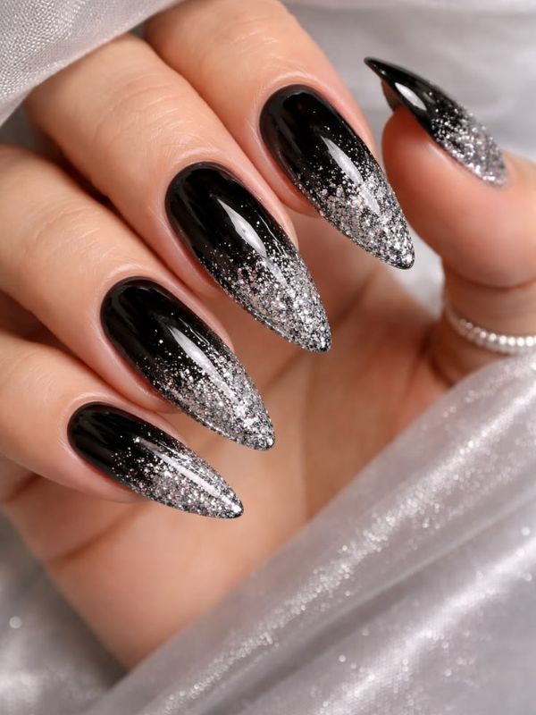 Black Nails with Silver Glitter Gradient