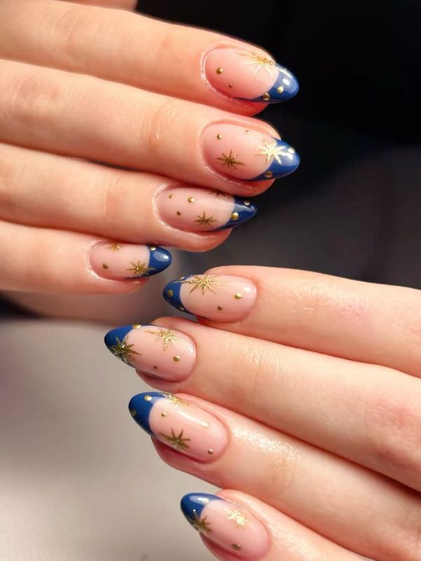 Blue Acrylic French Tips With Gold Stars