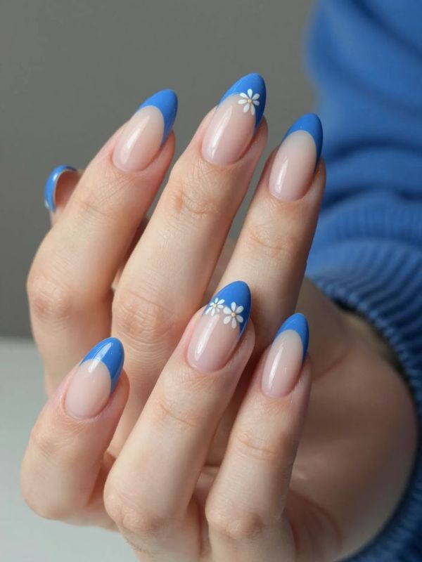 Blue Almond Milky French Tips With Flowers