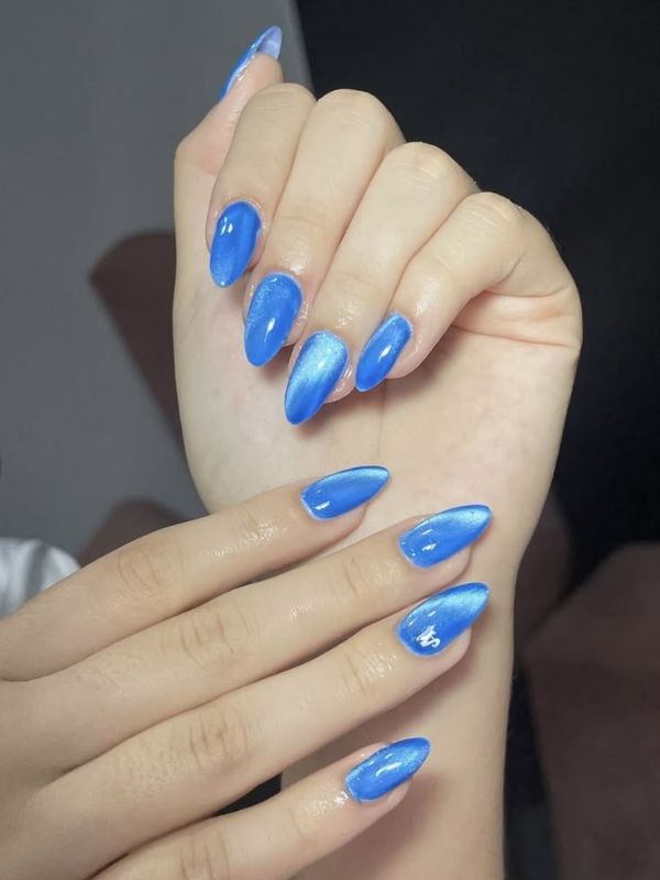Blue Cat Eye Soft Almond Tip Frenchies