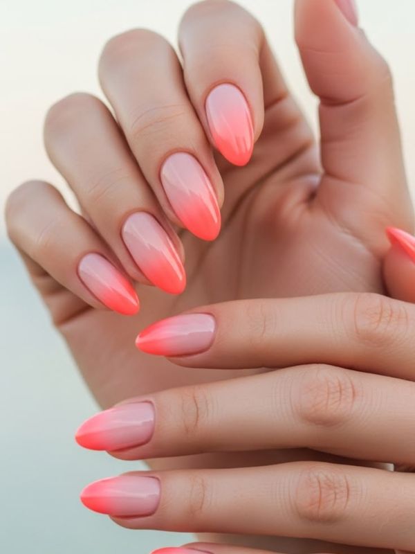 Coral Ombre Almond Nails