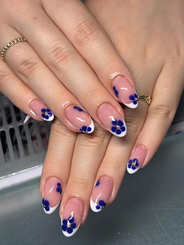 Electric Blue French Tips With Flowers