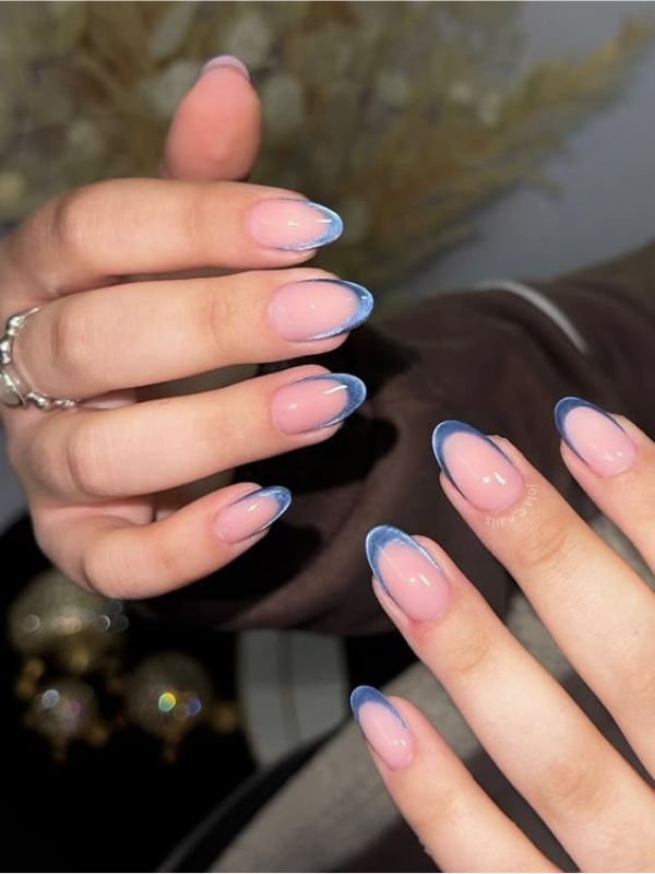 Future Dusk Blue Chrome and Milky French Tips