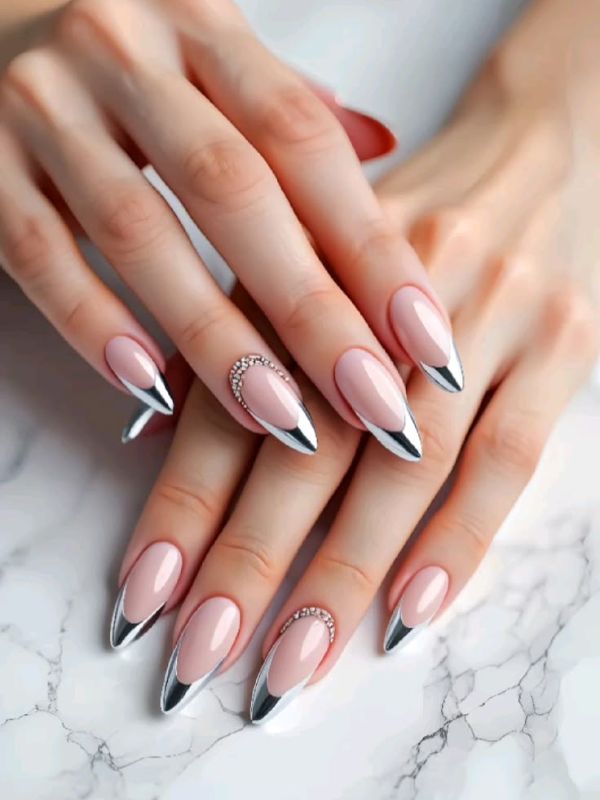 Geometric French Tips with Chrome Details