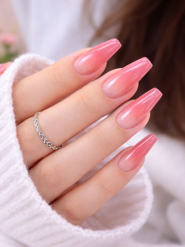 Glossy Ballet Pink Coffin Nails