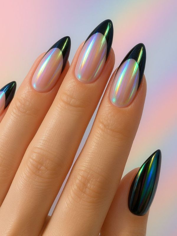 Glossy Black Nails with Iridescent Chrome Tips