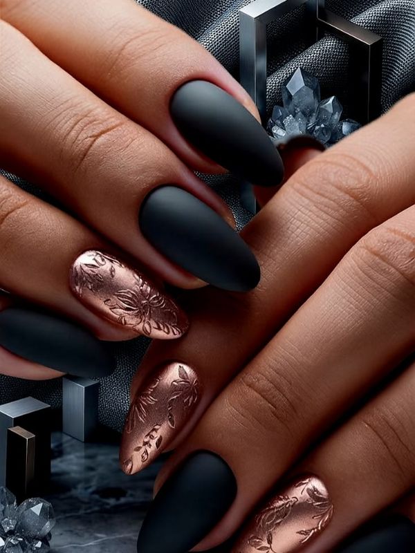 Matte Black Nails with Rose Gold Details