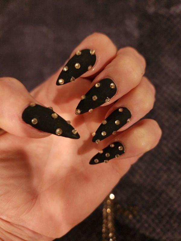 Matte Black Nails with Tiny Gold Studs