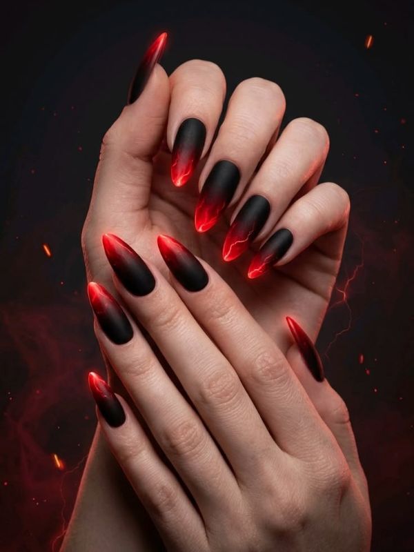 Matte Red Nails With Black Flame Tips