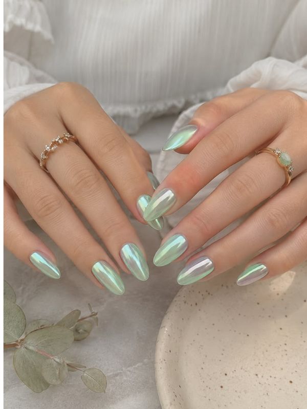 Mint Chrome Almond Nails