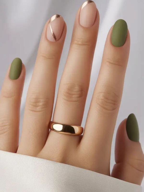 Moss Green and Nude Color Block Nails