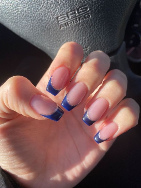 Navy Blue Future Dusk French Tips With Glitter on Square Nails