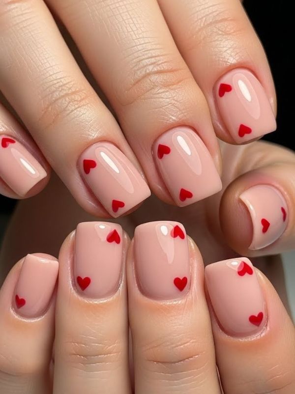 Nude Square Nails with Tiny Hearts