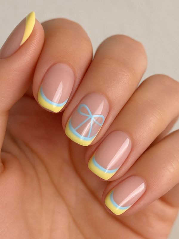 Pastel Blue and Yellow Ombre Glass Skin French Tips