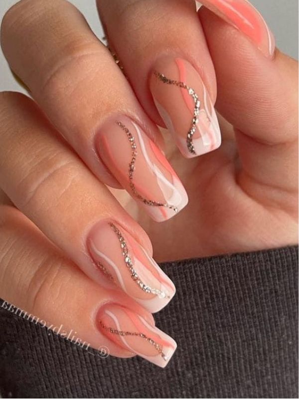 Peach Square Nails with Abstract Swirls
