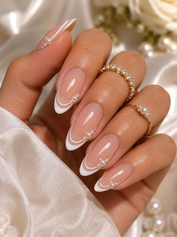 Pearl and Diamond French Tips with Luxe Accents