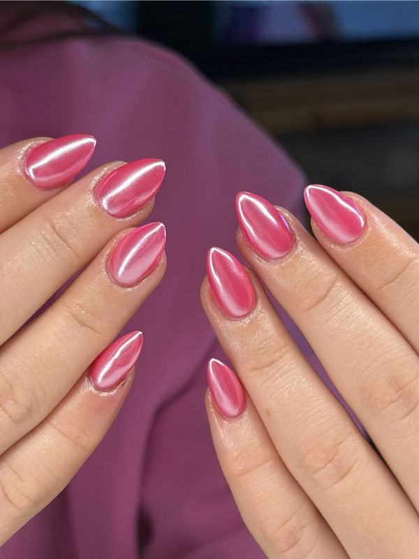 Pink Chrome Almond Nails