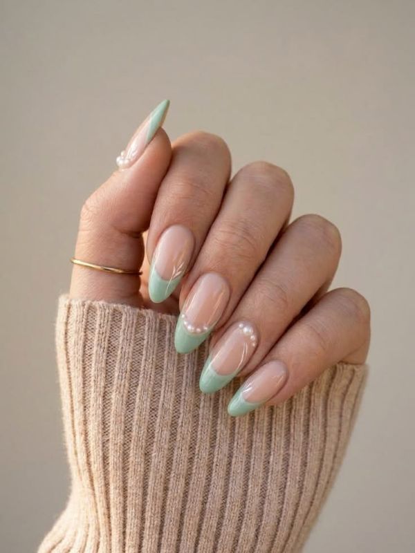 Pistachio Nails With Pearl Detail