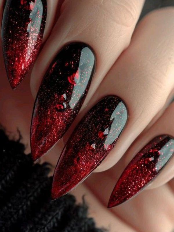 Black Velvet Nails With Red Glitter Accent