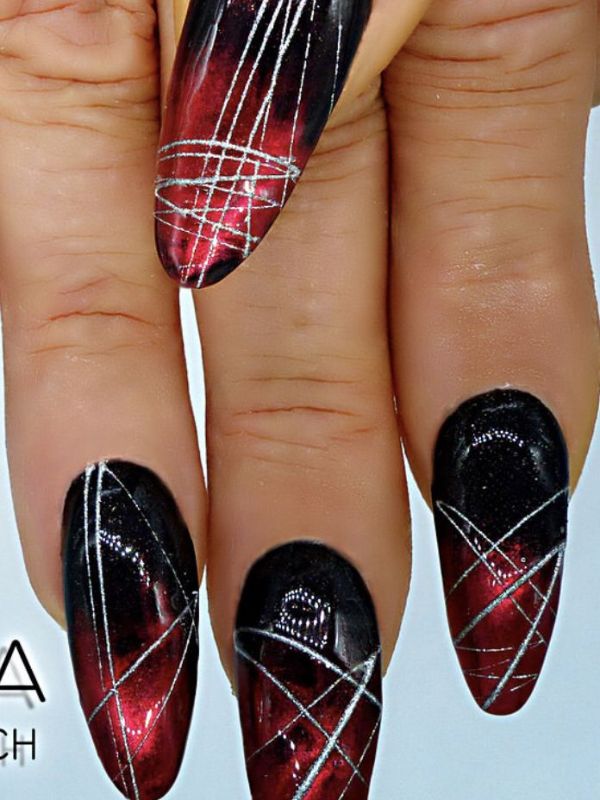  Red Glitter Nails With Black Minimal Lines