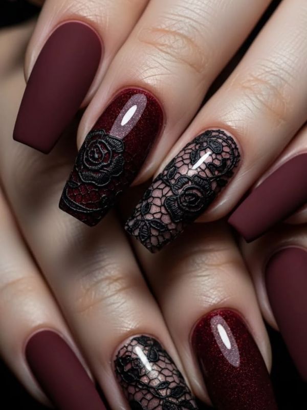 Red Velvet Nails With Black Lace Detail
