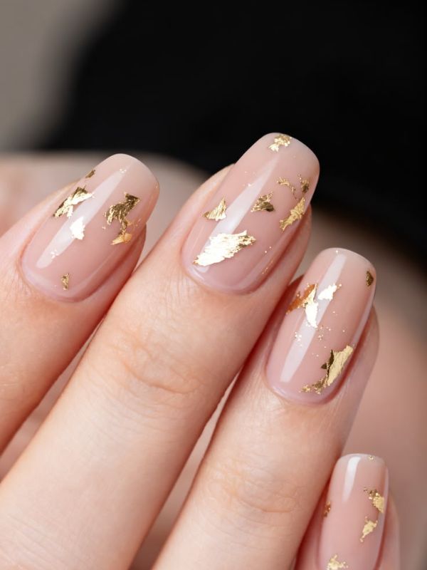 Sheer Nude Square Nails with Gold Foil