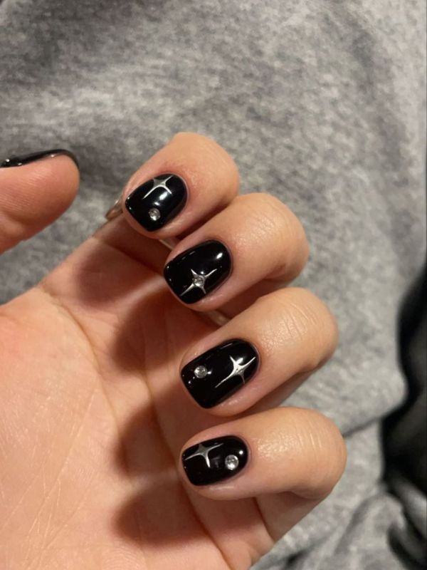 Short Black Nails With Micro Stars