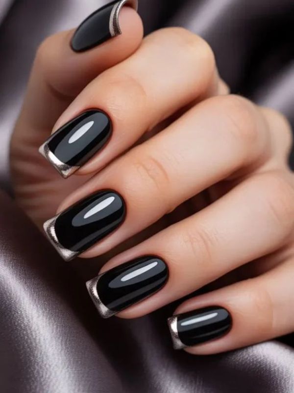 Short Black Nails With Silver Chrome Tips