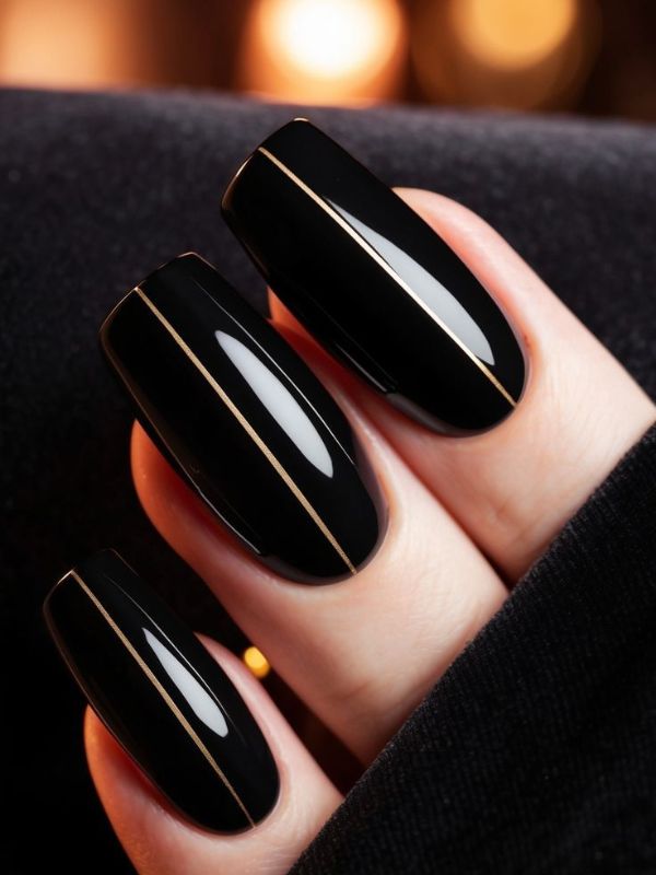 Short Black Nails With a Single Thin Line