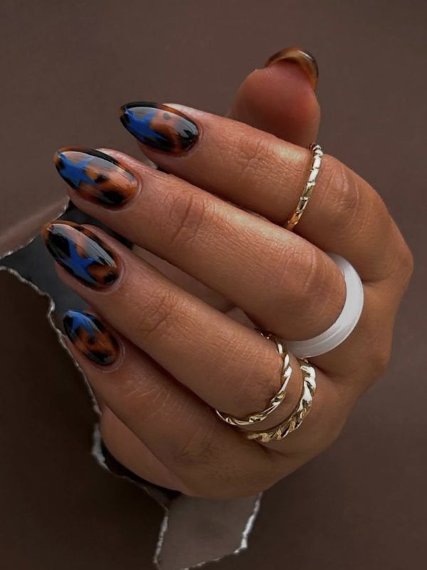 Tortoiseshell Nails With Bright Blue Flame French Tips