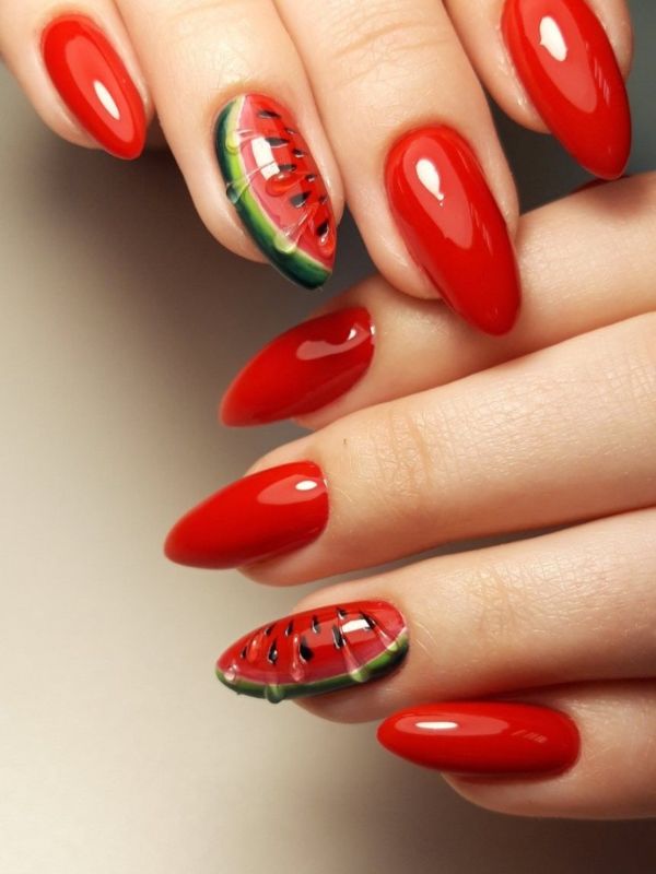 Watermelon Pop Almond Nails